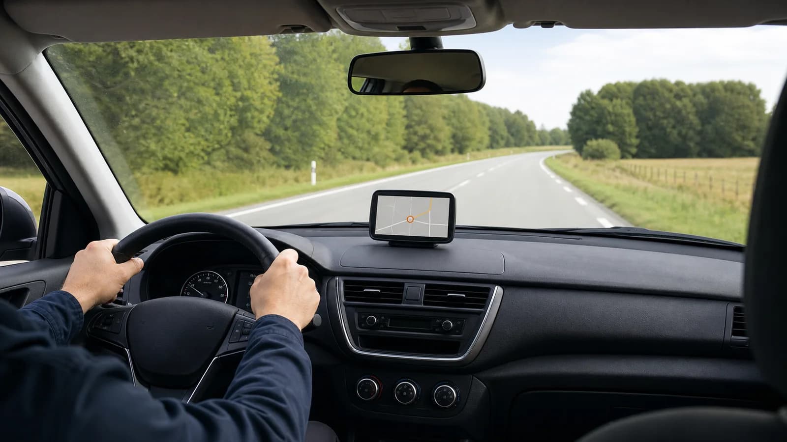 Conducteur suivant un itinéraire sur un écran de navigation dans une voiture banalisée