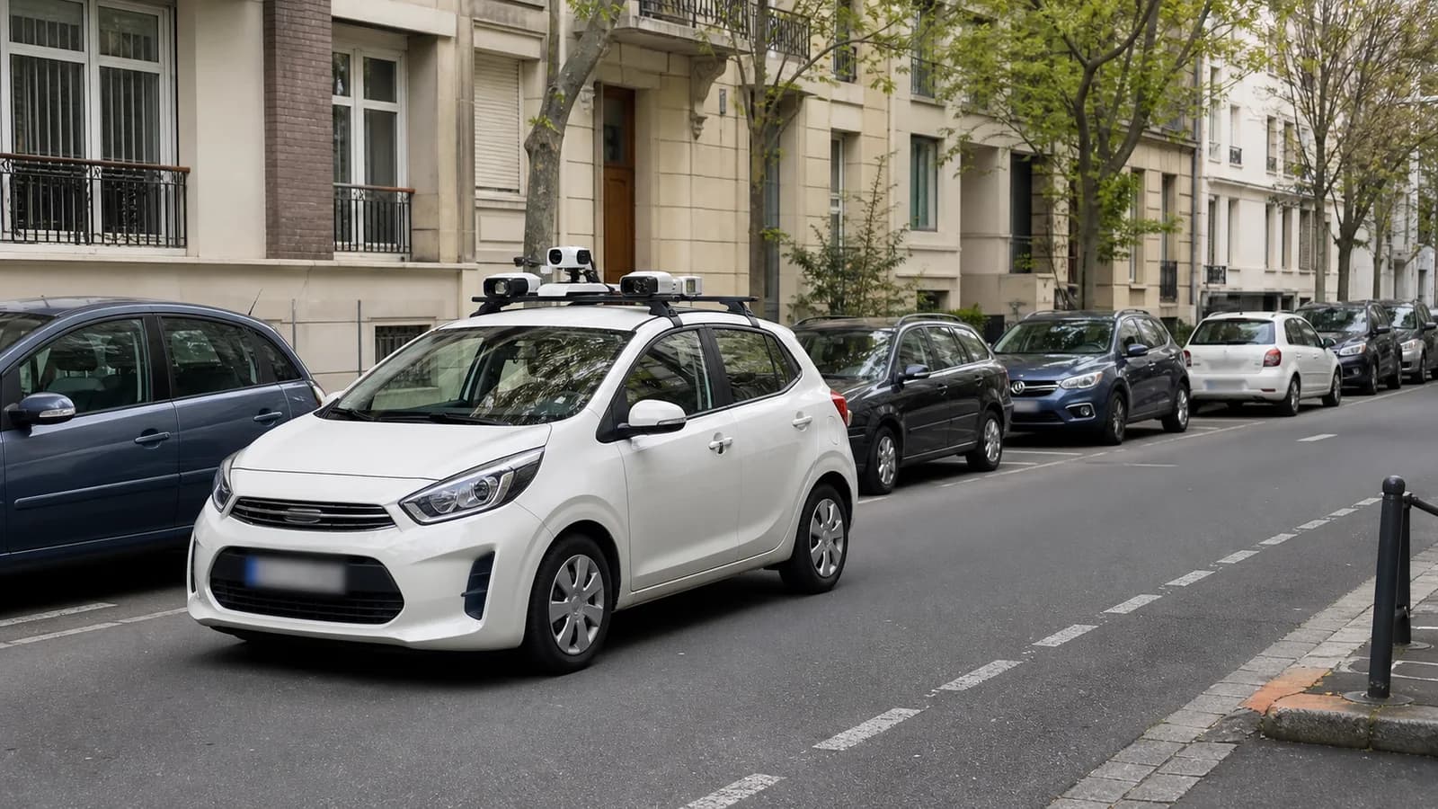 Voiture blanche équipée de caméras LAPI circulant près de véhicules stationnés en ville